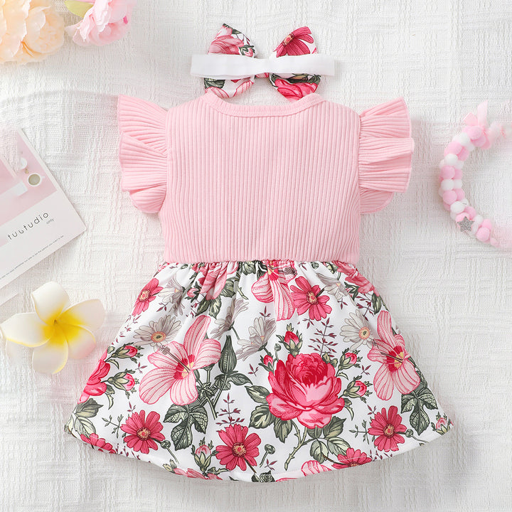 Girls Floral Printed Flutter Sleeves Fit & Flare Dress With Hairband
