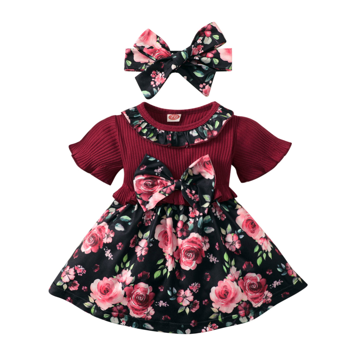 Maroon Infant Girls Floral Print Fit & Flare Cotton Dress