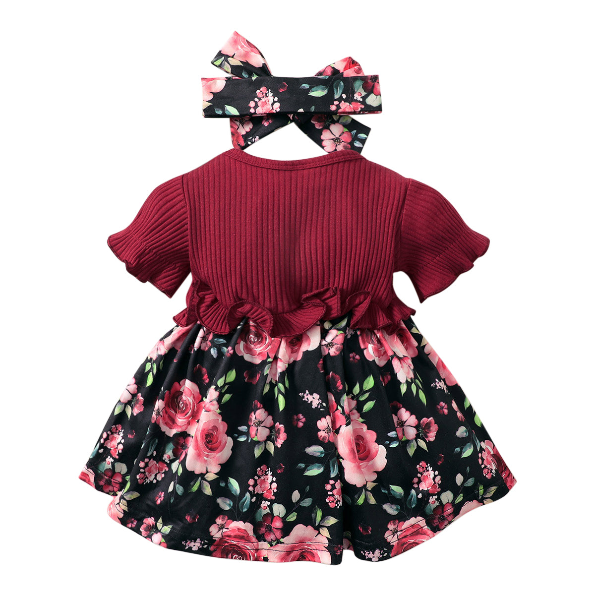 Maroon Infant Girls Floral Print Fit & Flare Cotton Dress