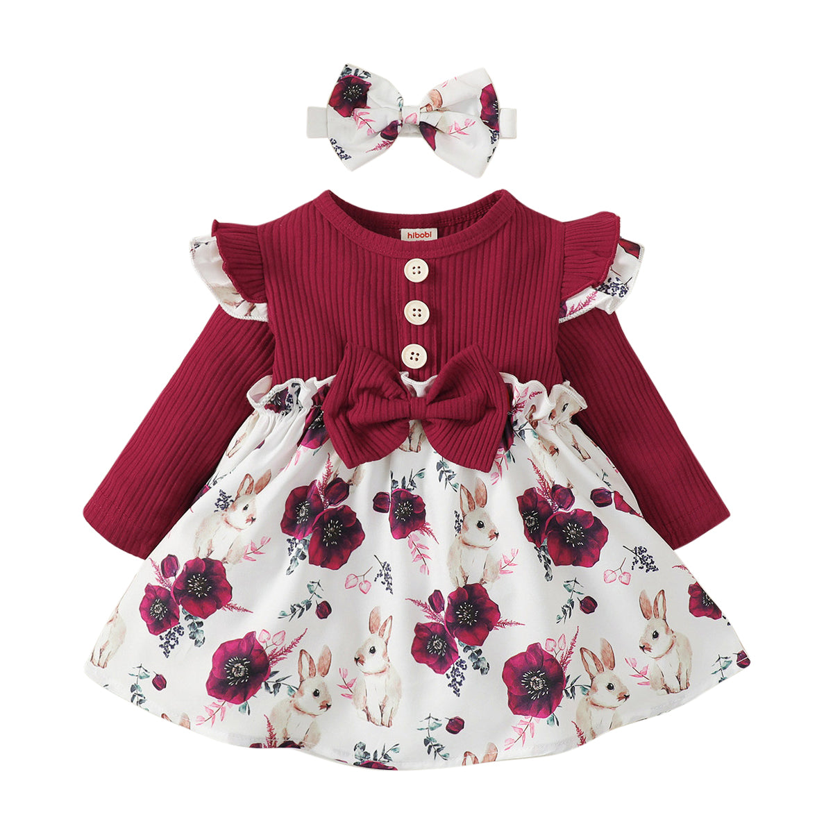 Girls Red Floral Printed Round Neck Cotton A-Line Dress