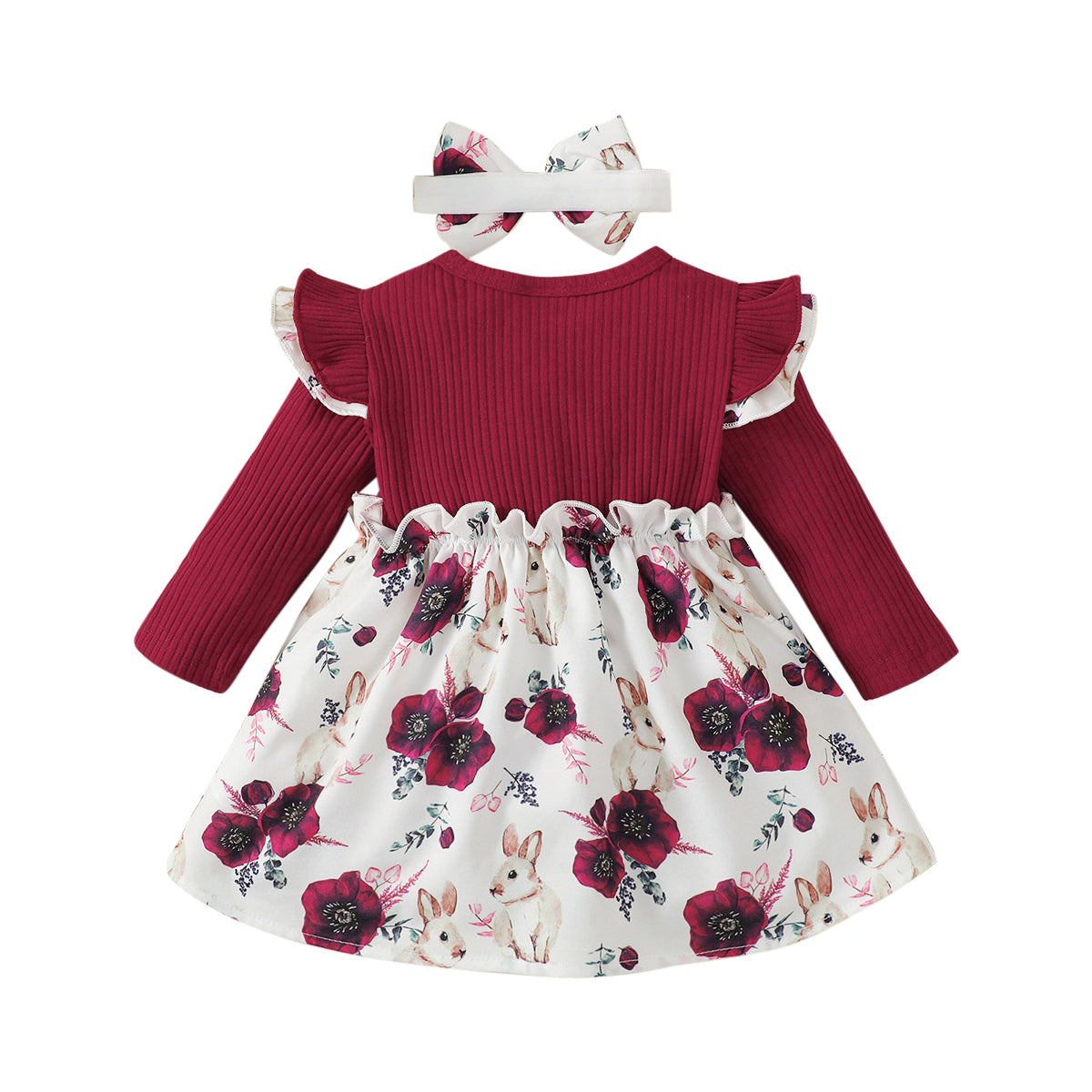 Girls Red Floral Printed Round Neck Cotton A-Line Dress