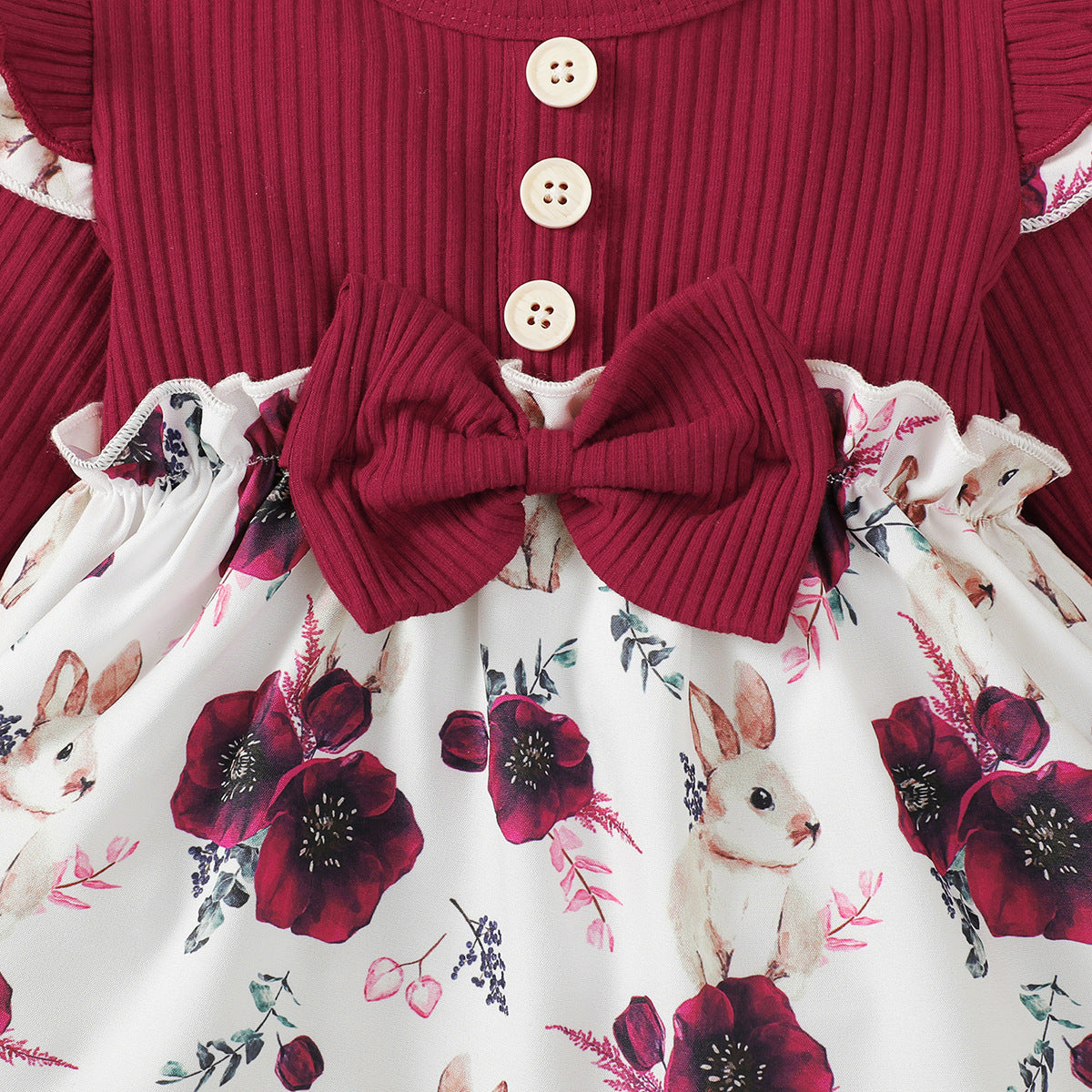 Girls Red Floral Printed Round Neck Cotton A-Line Dress