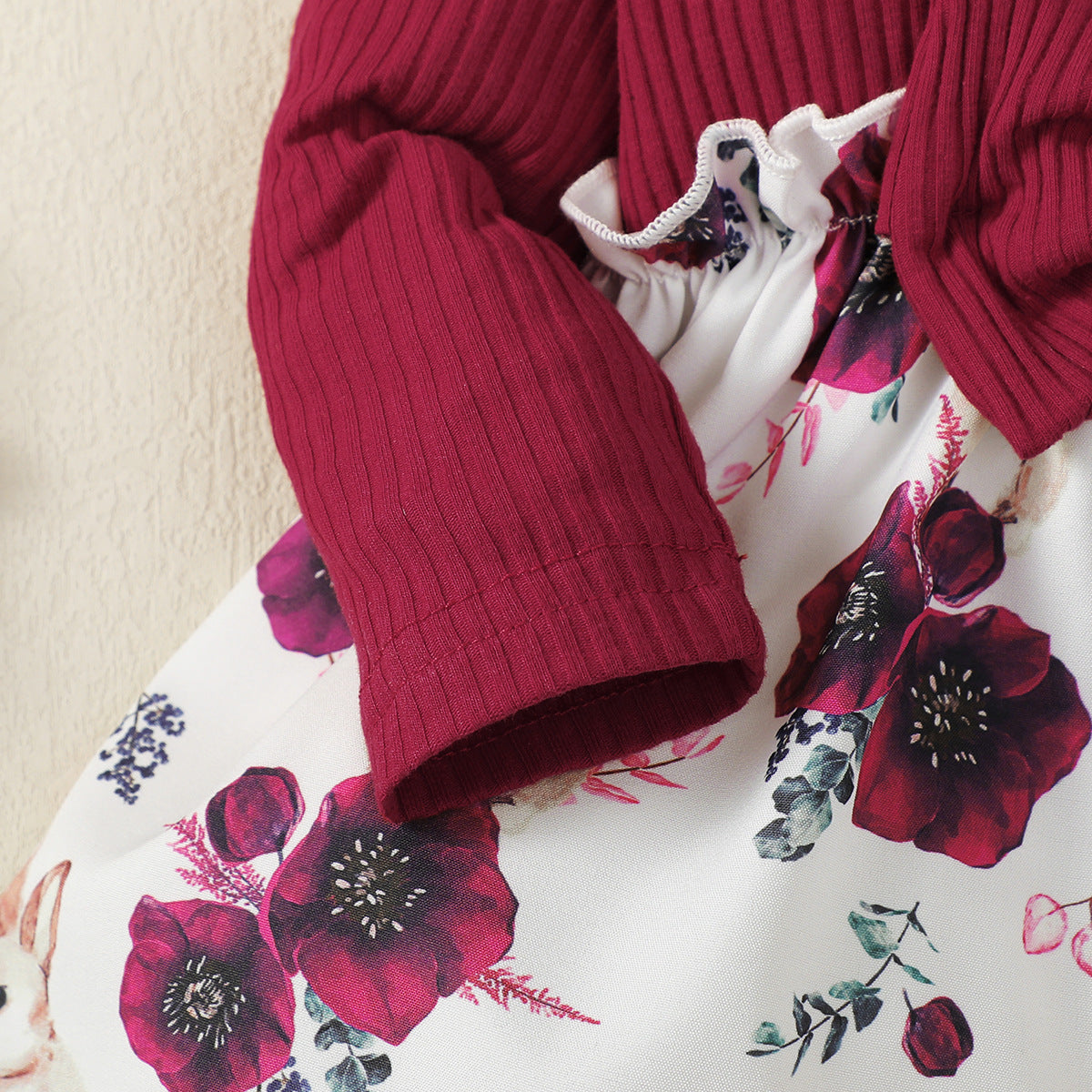 Girls Red Floral Printed Round Neck Cotton A-Line Dress