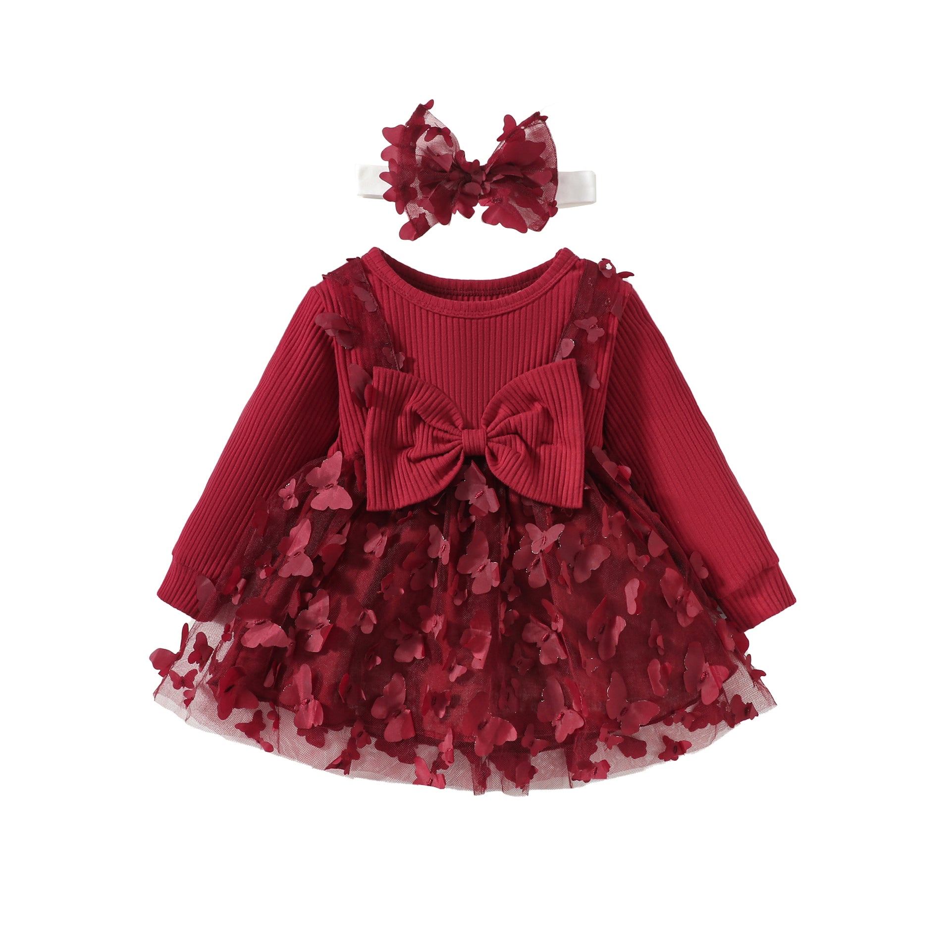 Maroon Infant Girls Floral Self Design Fit & Flare Cotton Dress With Headband