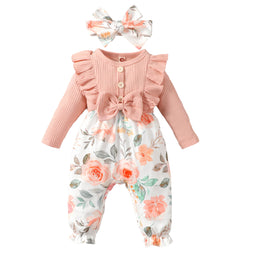 Infant Girls Peach-Coloured Printed Cotton Rompers