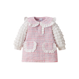 Girls Pink & White Checked Peter Pan Collar A-Line Mini Dress