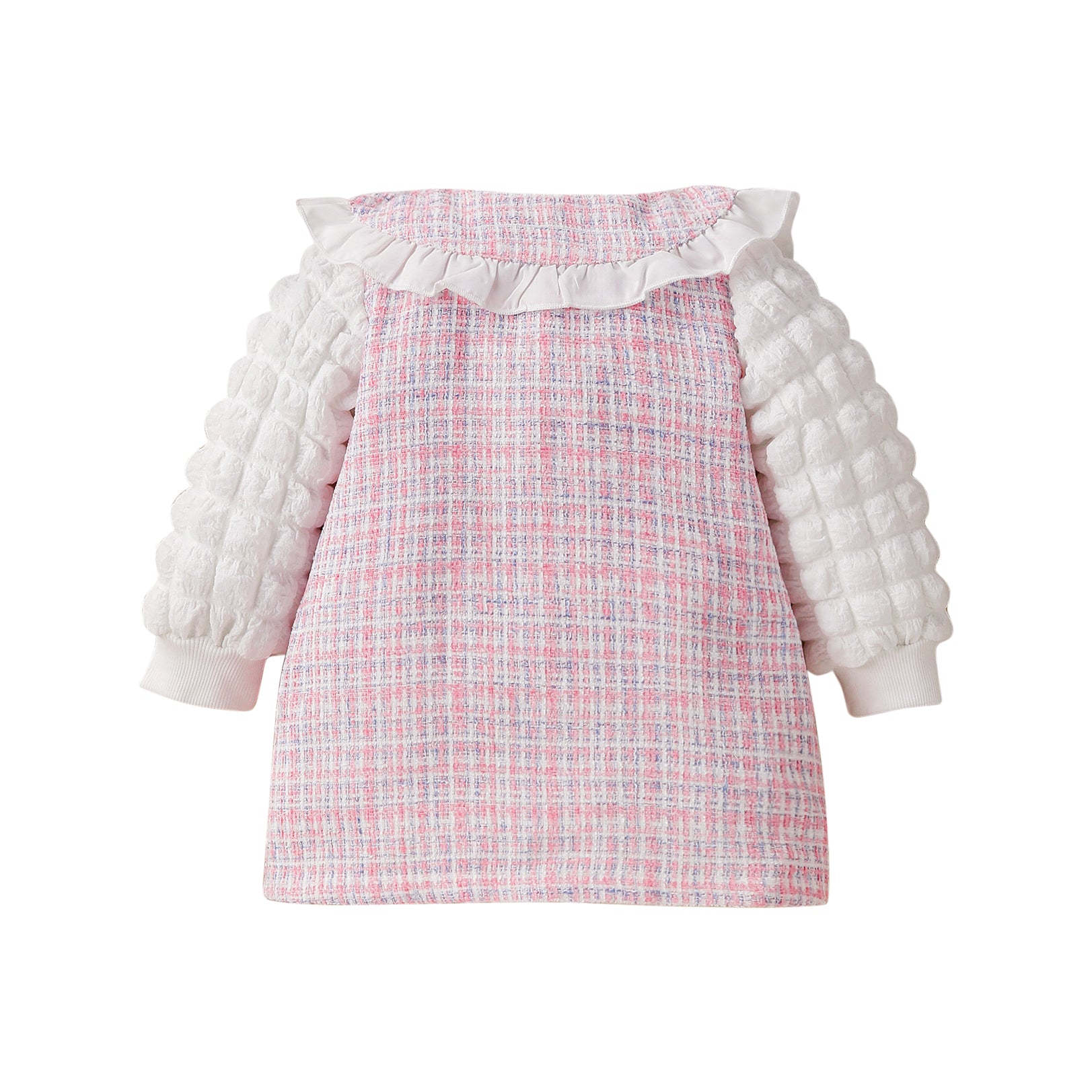 Girls Pink & White Checked Peter Pan Collar A-Line Mini Dress