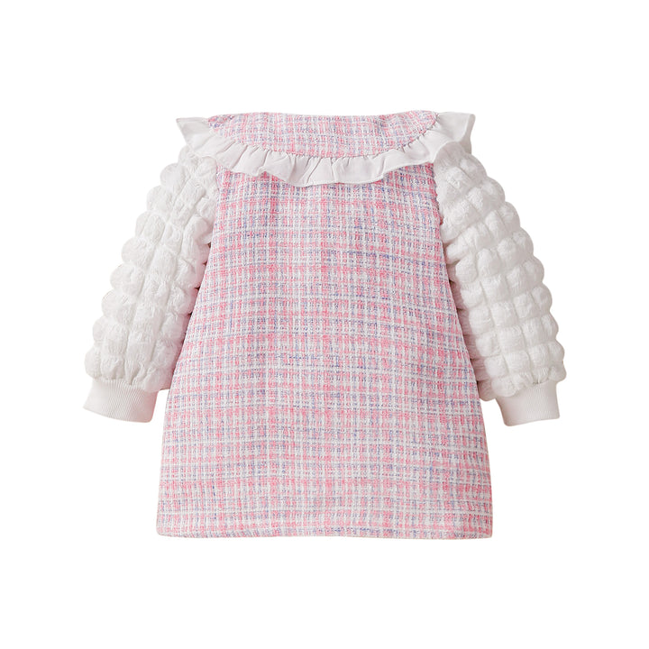 Girls Pink & White Checked Peter Pan Collar A-Line Mini Dress