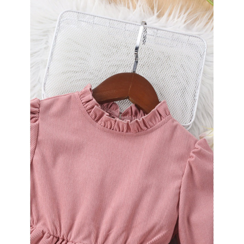 Girls Pink Bishop Sleeve Layered Fit and Flare Midi Dress