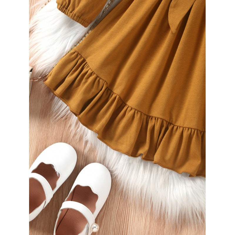 Girls Bishop Sleeve Layered A-Line Fit and Flare Midi Dress