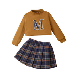 Girls Brown Printed Top with Skirt