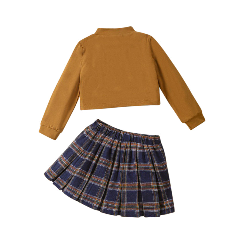 Girls Brown Printed Top with Skirt