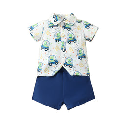 Boys Blue & White Printed Shirt with Shorts
