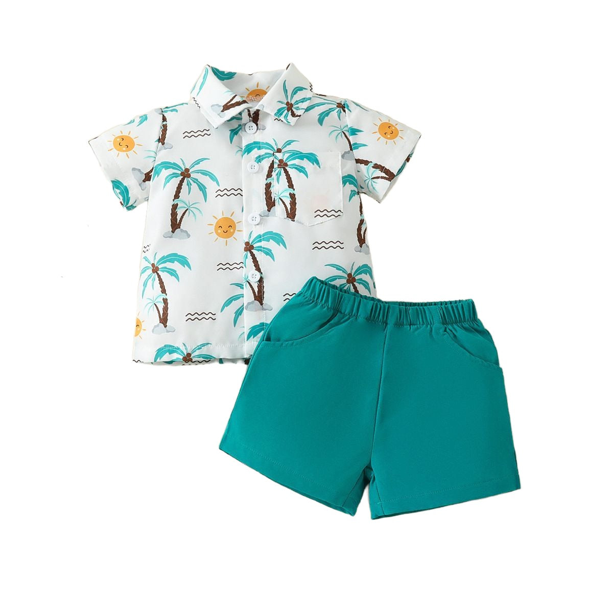 Boys White & Green Printed Shirt with Shorts