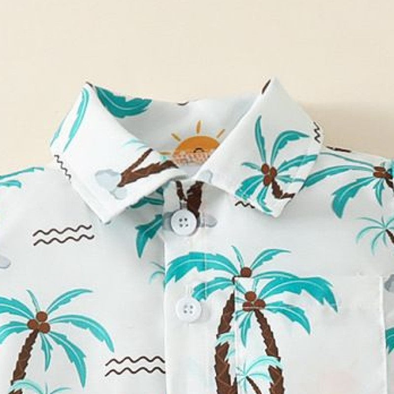 Boys White & Green Printed Shirt with Shorts
