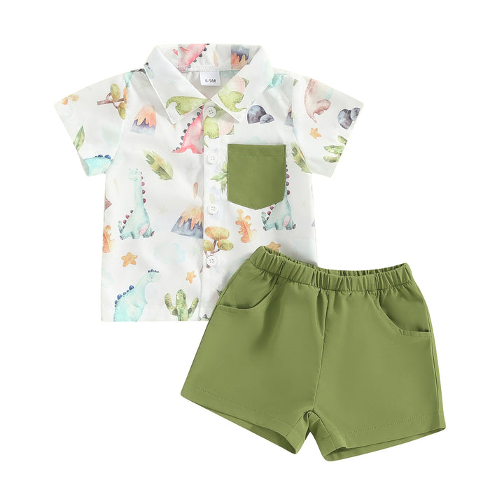 Boys White & Green Printed Shirt with Shorts
