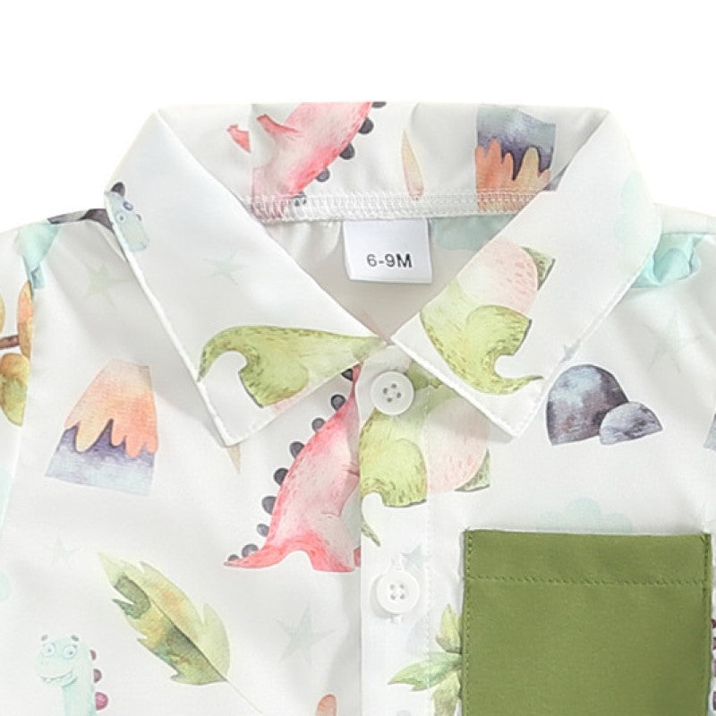 Boys White & Green Printed Shirt with Shorts