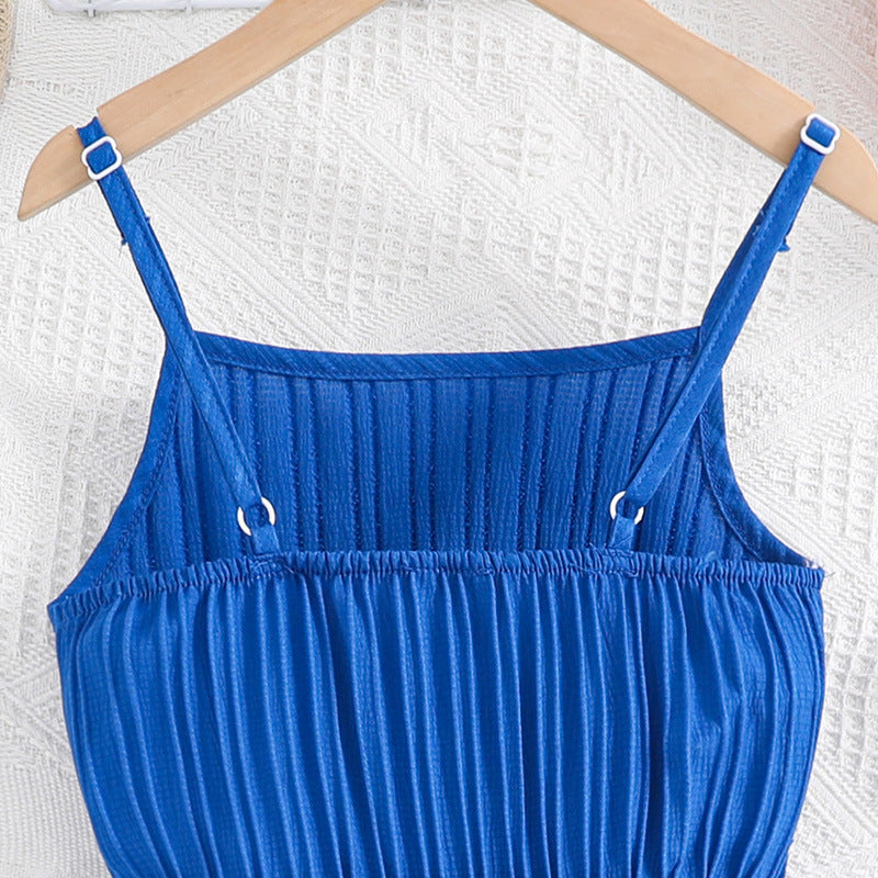 Girls Blue Shoulder Straps Fit & Flare Maxi Dress