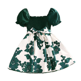 Girls Green & White Floral Print Puff Sleeve Smocked Fit & Flare Dress