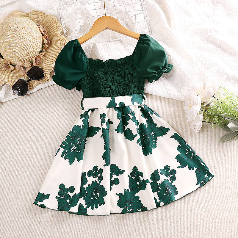 Girls Green & White Floral Print Puff Sleeve Smocked Fit & Flare Dress