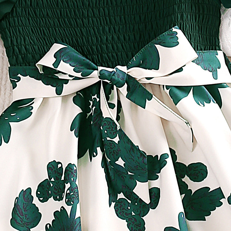 Girls Green & White Floral Print Puff Sleeve Smocked Fit & Flare Dress