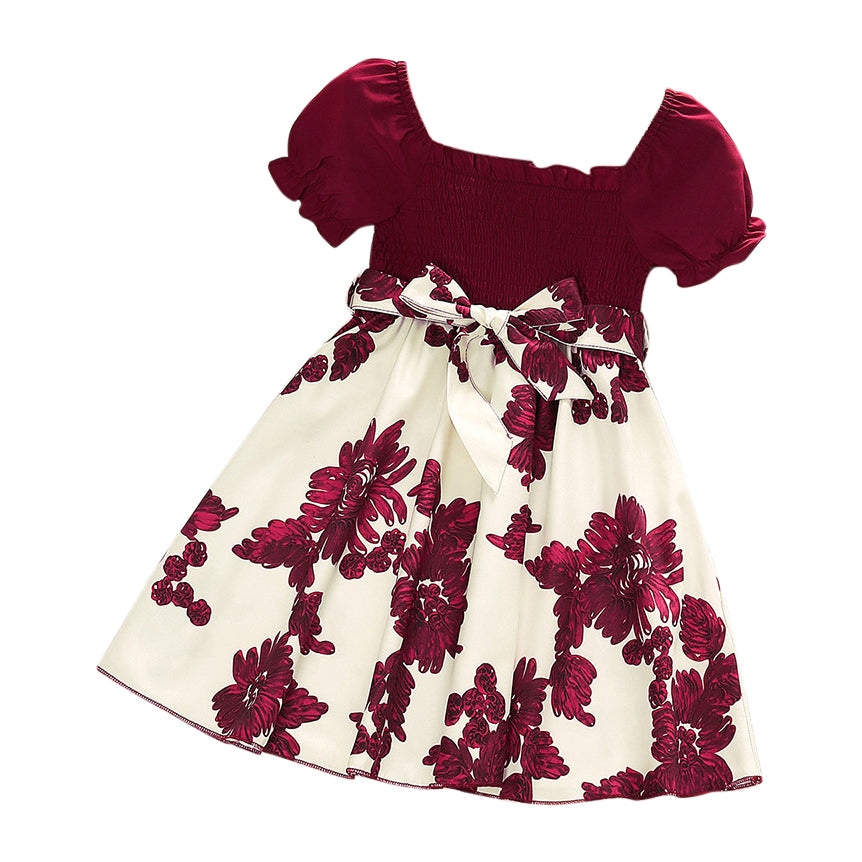 Maroon Girls Floral Print Puff Sleeve Fit & Flare Dress