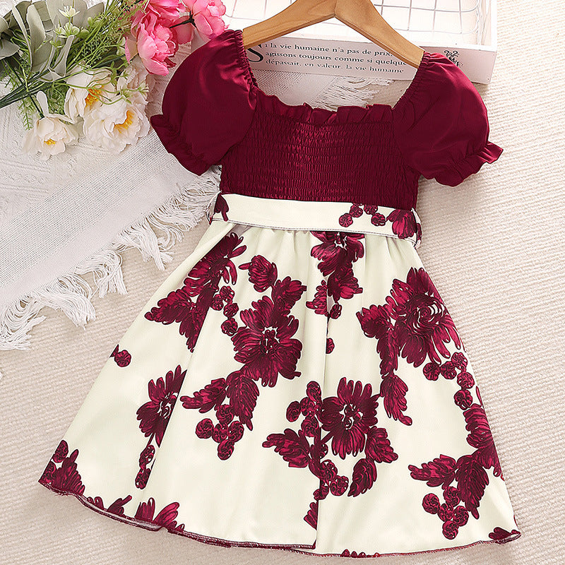 Maroon Girls Floral Print Puff Sleeve Fit & Flare Dress