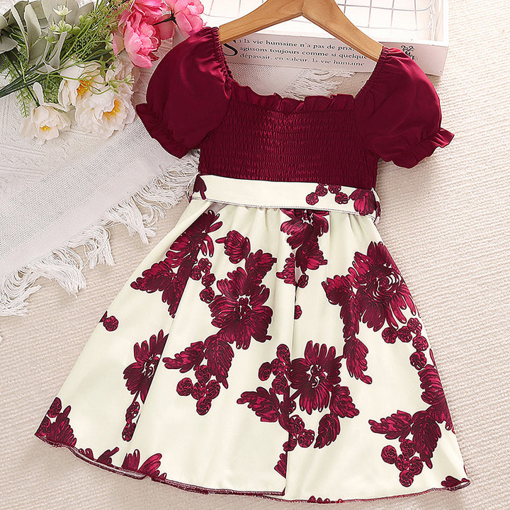 Maroon Girls Floral Print Puff Sleeve Fit & Flare Dress