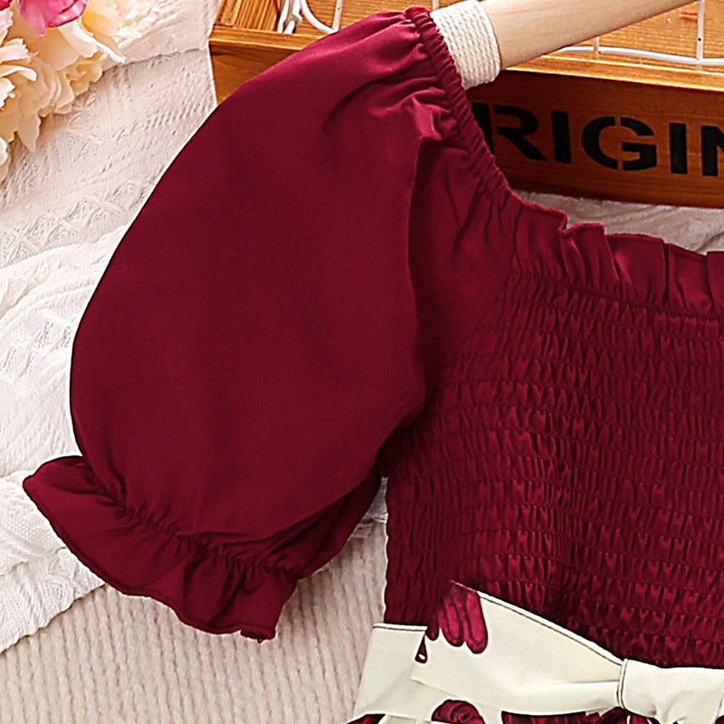 Maroon Girls Floral Print Puff Sleeve Fit & Flare Dress