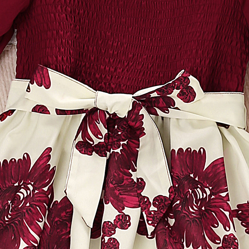 Maroon Girls Floral Print Puff Sleeve Fit & Flare Dress