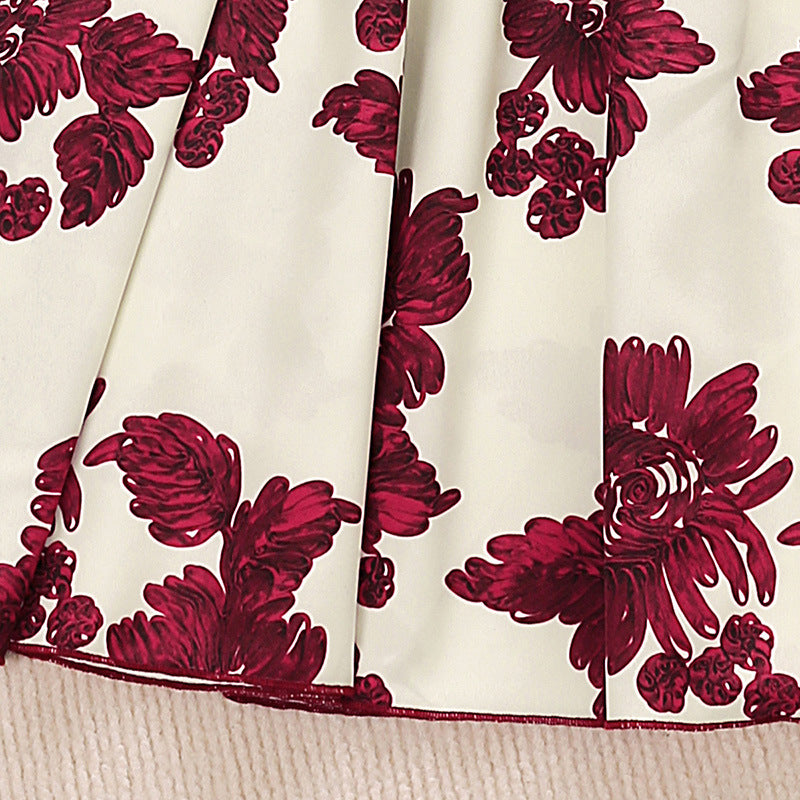 Maroon Girls Floral Print Puff Sleeve Fit & Flare Dress