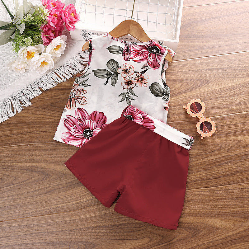 Girls Red & White Printed Top with Shorts
