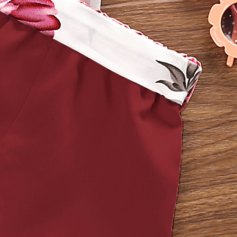Girls Red & White Printed Top with Shorts