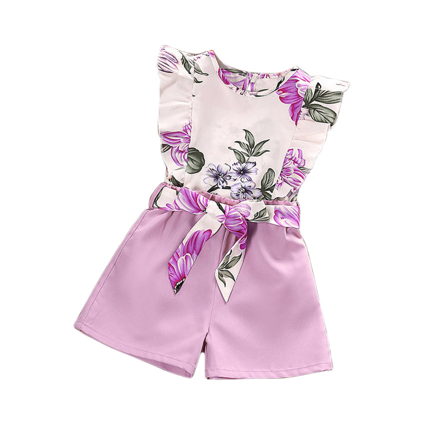 Girls Purple & White Floral Printed Ruffles Top with Shorts