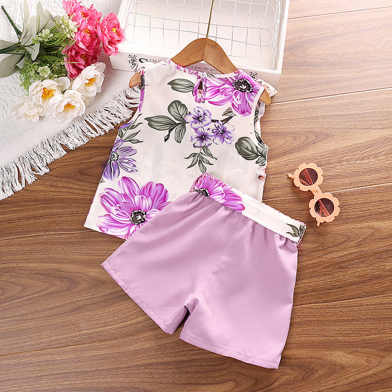 Girls Purple & White Floral Printed Ruffles Top with Shorts