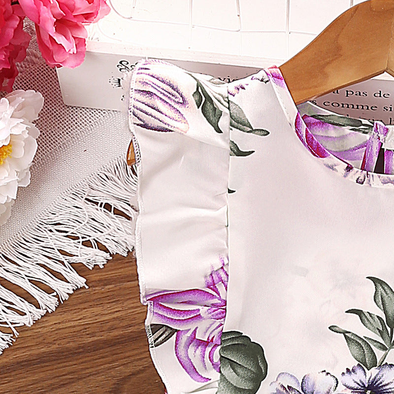 Girls Purple & White Floral Printed Ruffles Top with Shorts