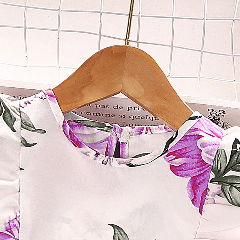 Girls Purple & White Floral Printed Ruffles Top with Shorts