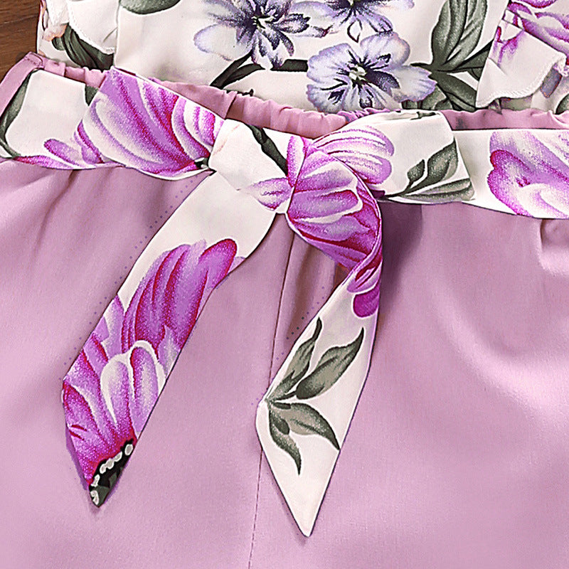 Girls Purple & White Floral Printed Ruffles Top with Shorts
