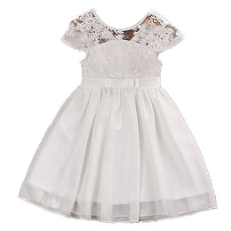 Girls White Self Design Applique Round Neck  Fit & Flare Dress