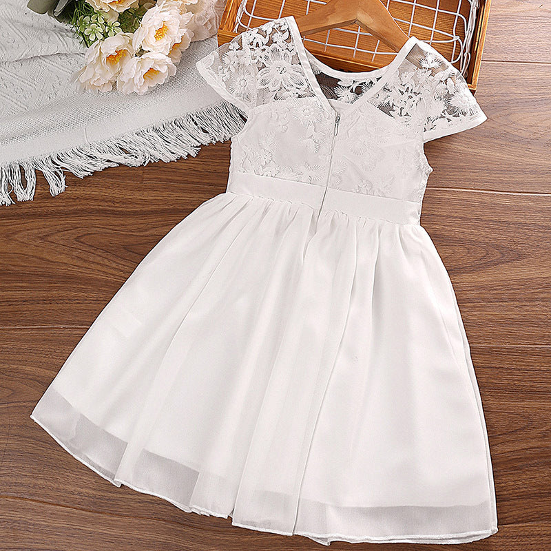 Girls White Self Design Applique Round Neck  Fit & Flare Dress