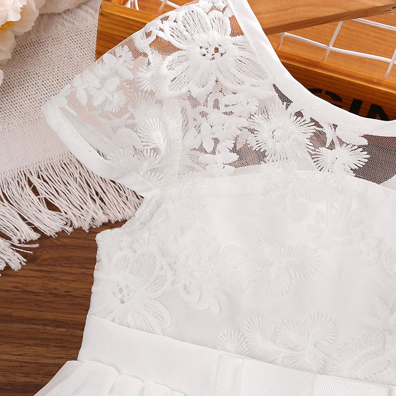 Girls White Self Design Applique Round Neck  Fit & Flare Dress