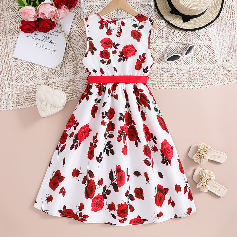 Girls Whiteb& Red Floral Printed A-Line Dress