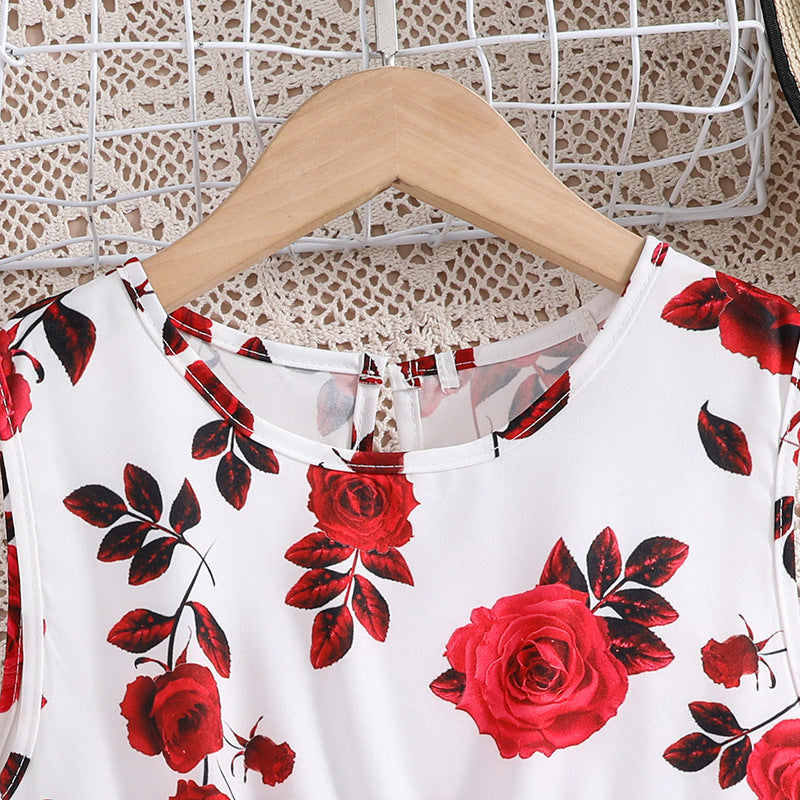Girls Whiteb& Red Floral Printed A-Line Dress