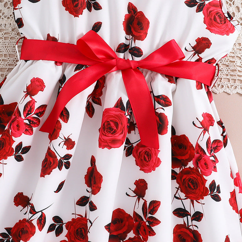 Girls Whiteb& Red Floral Printed A-Line Dress
