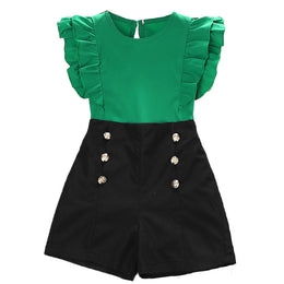 Girls Green & Black Round Neck Top with Shorts