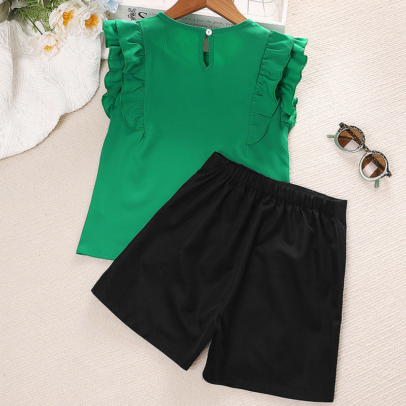 Girls Green & Black Round Neck Top with Shorts