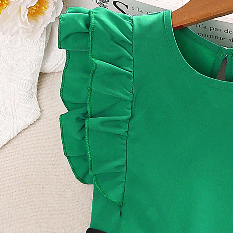 Girls Green & Black Round Neck Top with Shorts