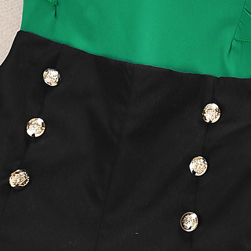 Girls Green & Black Round Neck Top with Shorts