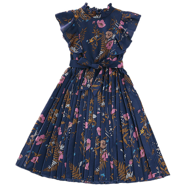Girls Navy Blue Floral Printed Fit & Flare Dress