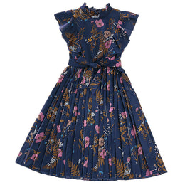 Girls Navy Blue Floral Printed Fit & Flare Dress
